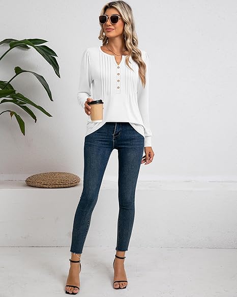 V Neck Puff Long Sleeve Pleated Blouse