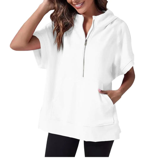 Short Sleeve Oversized Half Zip Women's Hoodie