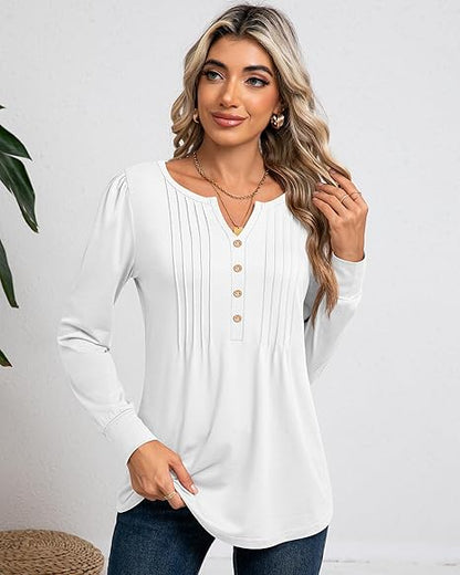 V Neck Puff Long Sleeve Pleated Blouse