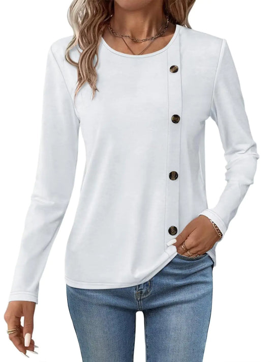 Women's Long Sleeve Shirt, Round Neck Button Side Blouse