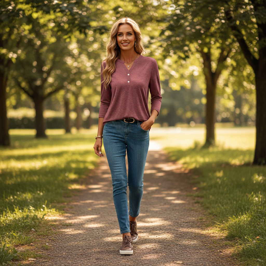 Wine Red V-Neck Button Tunic